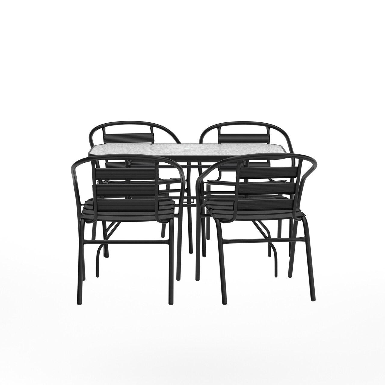 Merrick Lane Laney 5 Piece Outdoor Dining Set with Tempered Glass Patio Table, 4 Stackable Metal Slat Chairs